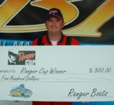 Jeremy York of Loganville, Ga., received a $500 bonus from Ranger Boats as the highest-finishing participant in the Ranger Cup incentive program at the Feb. 22 BFL tourney on Lake Seminole.