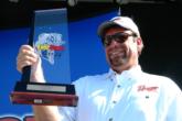Pro Gary Dobyns proudly displays his trophy after winning the EverStart Series event on the California Delta.