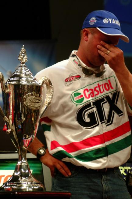 David Dudley can barely contain his emotions immediately after winning the 2003 FLW Championship in dramatic fashion.