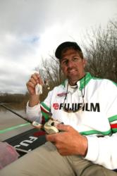 Fuji pro Sam Swett displays one of his winning spinnerbaits that helped earn $100,000 at the Atchafalaya Basin.