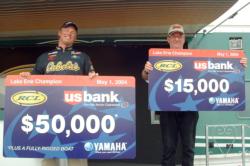 Pro and co-angler champs and their paychecks: pro Carl Grunwaldt of Green Bay, Wis., and his partner, William Vogel of Lafayette, Ind.