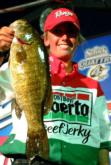 Australian co-angler Kim Bain weighed in this 4-pound, 4-ounce smallmouth for big bass at a 2004 FLW Tour event.