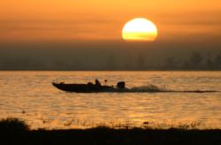 FLW anglers make their run as the sun rises over the morning fog at Lake Toho.