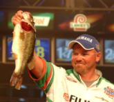 No. 2 Adam Wagner holds up one of the heaviest bass of the tournament.