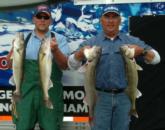 Mark Meravy and Jason Treptau display their opening-day catch on Devils Lake. Meravy and Treptau both sit in third place.
