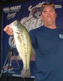 Travis Jarvis of Caldwell, Idaho, leads the Co-angler Division with a two-day total of five bass weighing 14 pounds, 1 ounce. Included in Jarvis' catch was this 4-pound, 3-ounce bass, which won the Co-angler Division Snickers Big Bass award.