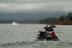 Anglers take off under a low cloud cover for day three of competition at Lake Shasta.