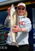 Julie Towle of Glencoe, Minn., sits in first place in the Co-angler Division after two days of competition on the Detroit River.