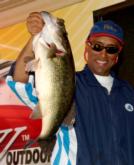 Roy Desmangles Jr. of Lincoln, Calif., leads the Co-angler Division. He caught five bass weighing 22 pounds, 12 ounces, including this 9-pound, 10-ounce kicker.