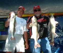 Pro Pete Harsh and co-angler Jim Fetzik show off their huge day-one catch on Devils Lake. Each angler leads their respective divisions with a five-walleye total of 29 pounds, 5 ounces.