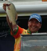No. 4 Vic Vatalaro has some fun as he weighs in his fish on the final day. His two-day haul totaled 35 pounds, 14 ounces.