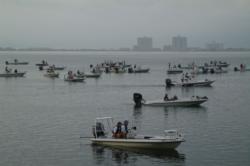 Boats await take-off on day one of the Wal-Mart FLW Redfish Series Championship in Pensacola, Fla.