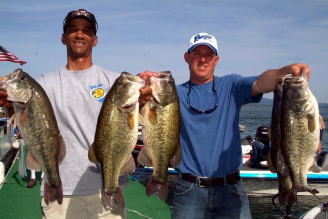 Jared Stone of Lakeport, Calif. (right) caught the heaviest limit of the week Friday - 31 pounds, 15 ounces - and leads the Stren Series Western Division event at Clear Lake after three days with a total of 80-15. It is Stone