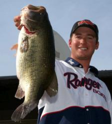 Seventh-place pro Cody Meyer caught a big kicker Saturday. This 10-pound, 10-ounce largemouth was his personal best tournament fish and tied for third-heaviest of the tournament.