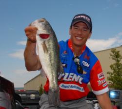 Tylenol pro Gabe Bolivar of Ramona, Calif., is now in fifth place with five bass weighing 10 pounds, 2 ounces.