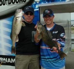 Pro Jonathan Shoemaker and co-angler Ron Carlson show off their day one catch from Devils Lake.