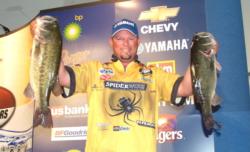 Spiderwire pro Bobby Lane is in third place with five bass that weighed 19 pounds, 15 ounces.