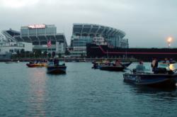 The start boat signals the beginning of the 2007 Walleye Tour Championship with Cleveland Browns Stadium rising high in the background.