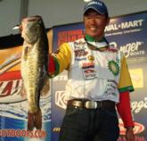 BP pro Shinichi Fukae holds up his kicker bass from Friday's competition. Fukae finished the opening round in fourth place.