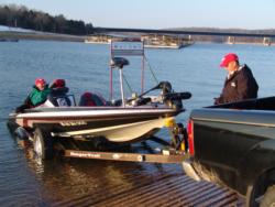 Pro leader Robbie Dodson and Kurt Evans, the top co-angler, launch at Henderson Point Park.