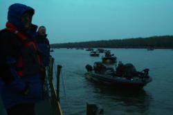 Rain gear was the fashion norm on day two of the FLW Walleye Tour event on Lake Sharpe.