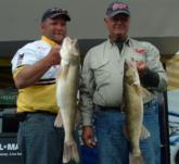 Pro Brian Bjorkman and co-angler Ronald Carson hold up their kicker walleyes from day two on Cass Lake.