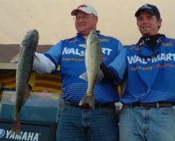 Co-angler David Anderson and pro Toby Kvalevog hold up two Cass Lake walleyes.