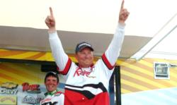 Pro Scott Steil celebrates after winning the 2008 FLW Walleye Tour event on Cass Lake.