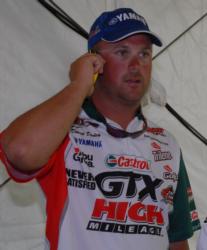 For the last part of the weigh-in, 2008 Land O' Lakes Angler of the Year David Dudley stayed on the phone getting constant updates from family on where he stood in the AOY race.
