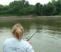 Mallory Glisczinski fights a Minnesota River catfish. 