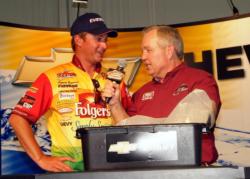 Anthony Gagliardi discusses his 2008 FLW Tour season with FLW Outdoors President Charlie Evans at the end of the regular season at the Chevy Open. But even in Detroit, Gagliardi had his mind on the Forrest Wood Cup.