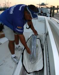 James Hammonds of Team Coppertone lays a pair of ribbonfish in a specialized cooler bag.