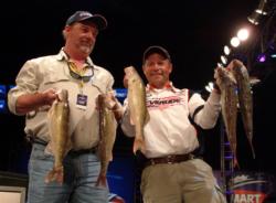 Pro Chris Gilman and co-angler Chuck Jones hold up their 16-pound, 12-ounce catch. 