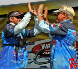 Travis Tanner and Blair Wiggins respond to the news of their second catch of 16-plus pounds.