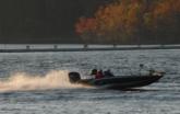 A boat blasts off from the day-one launch of Stren Series Championship on Table Rock Lake.