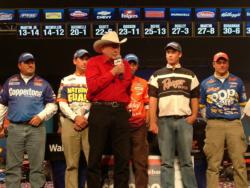 Forrest L. Wood addresses the five pros who qualified for the 2009 Forrest Wood Cup. From left to right they are David Curtis, Ott Defoe, Michael Iaconelli, Cody Meyer and Greg Bohannan.