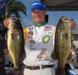 After posting two solid 19-pound days, BP pro Ray Scheide of Dover, Ark., is now in third place with a two-day total of 38 pounds, 6 ounces.