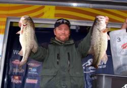 Tommie Goldston of Gardnerville, Nev., leads the Co-angler Division in Stren Western competition at Clear Lake after day one with a 22-12 limit.