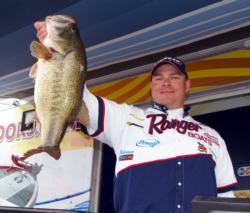 Pro Mathew Saavedra of Redding, Calif., used this 9-11 lunker to land in fifth place after day one at Clear Lake.