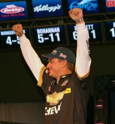 Chevy pro Anthony Gagliardi celebrates after learning he won the FLW Tour qualifier on Table Rock Lake. 