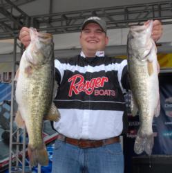 Dream day: Co-angler leader Derrick Snavely of Rogersville, Tenn., got to fish with fishing legend Guido Hibdon while reeling in his biggest bass, weighing 9-8, and catching the biggest limit of his life, weighing 26 pounds.