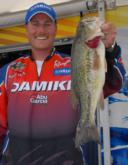 Bryan Thrift of Shelby, N.C., is tied for fourth with a five-bass limit weighing 12 pounds, 1 ounce.