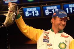 Ray Scheide of Dover, Ark., weighs in part of his first-place catch at the 2009 Walmart Open on Beaver Lake.