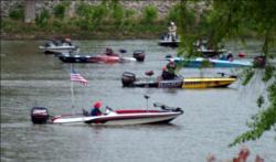 The start boat awaits the 7 a.m. kickoff of the 2009 Walmart BFL All-American on the Mississippi River in the Quad Cities.