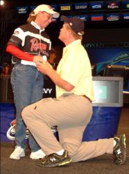 Belinda Lewis of Lawrenceburg, Tenn., is the first woman to compete in the All-American. She qualified through the Bama Division, finished in 43rd place with one fish weighing 1-13 and earning $1,500. Better yet, her boyfriend, BFL boater Scott Towry, proposed onstage, and she accepted.