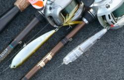 Chevy pro Anthony Gagliardi plans to use a variety of topwater baits to target smallmouths on day one. Included here are the Lucky Craft Sammy and the Lucky Craft Gunfish. 