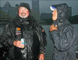 Past Forrest Wood Cup champion Dion Hibdon and past Angler of the Year Shinichi Fukae are ready for a rainy day.