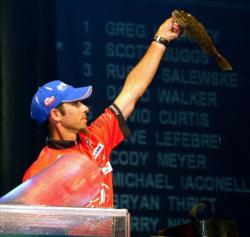 Second-place finisher Michael Iaconelli holds up his biggest smallmouth bass from day four.