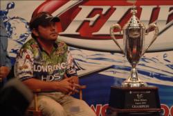Greg Hackney of Gonzales, La., takes questions from the media shortly after capturing the 2009 Forrest Wood Cup title.