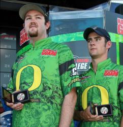 Fishing dropshots under docks was the productive pattern for University of Oregon's Ross Richards and Reed Frazier.